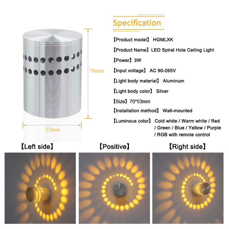 An der Wand montiertes Spiralloch 3W RGB mit Controller-LED-Wandleuchte für den Innenbereich für Hotelzimmer, dekorative Wandleuchte