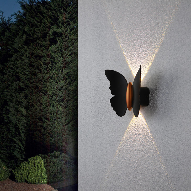 6W Wandleuchte in Schmetterlingsform, Schwarz + Gold, nach oben und unten leuchtende Außenleuchte, für Hof, Garten, Wohnzimmer, Gang, Treppe, Hintergrund, wasserdichte LED-Wandleuchte