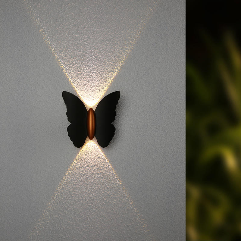 6W Wandleuchte in Schmetterlingsform, Schwarz + Gold, nach oben und unten leuchtende Außenleuchte, für Hof, Garten, Wohnzimmer, Gang, Treppe, Hintergrund, wasserdichte LED-Wandleuchte